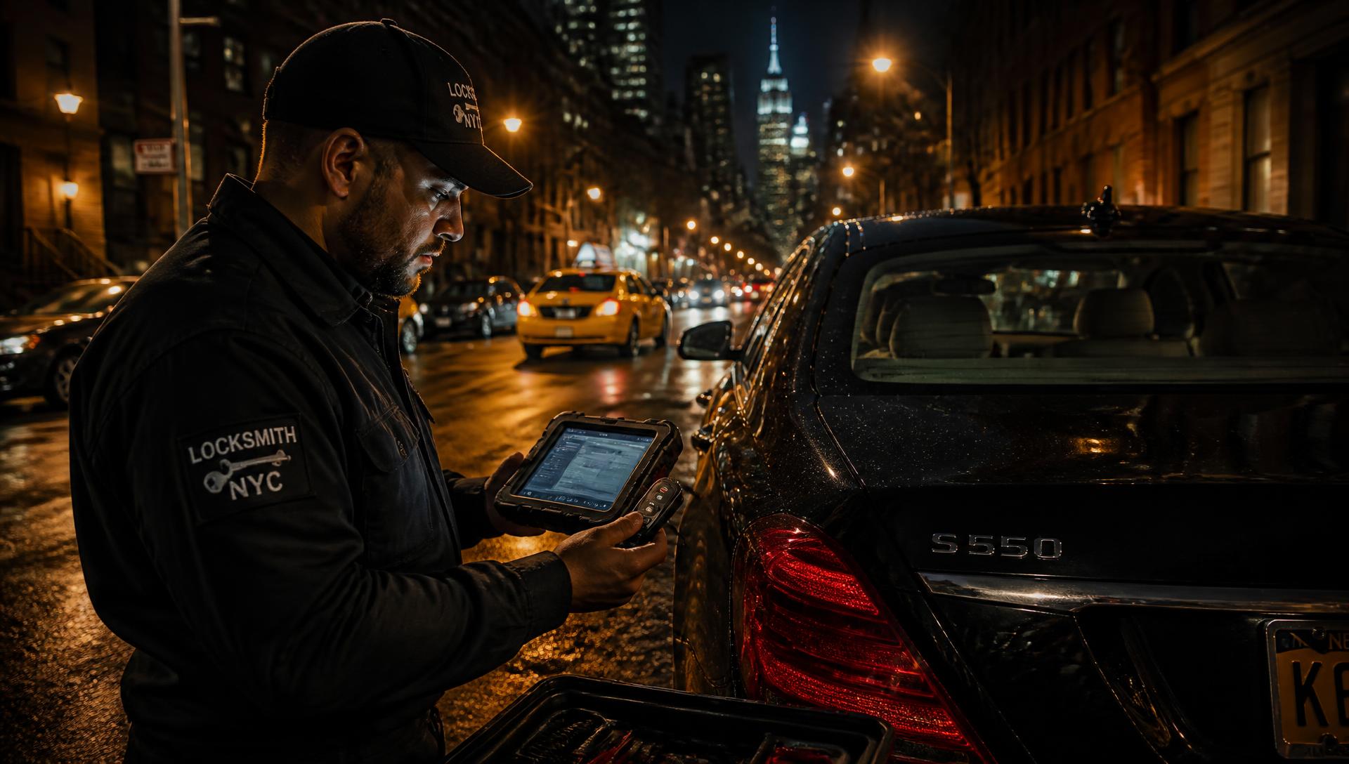 Locksmith technician cutting and programming a car key on a mobile workbench